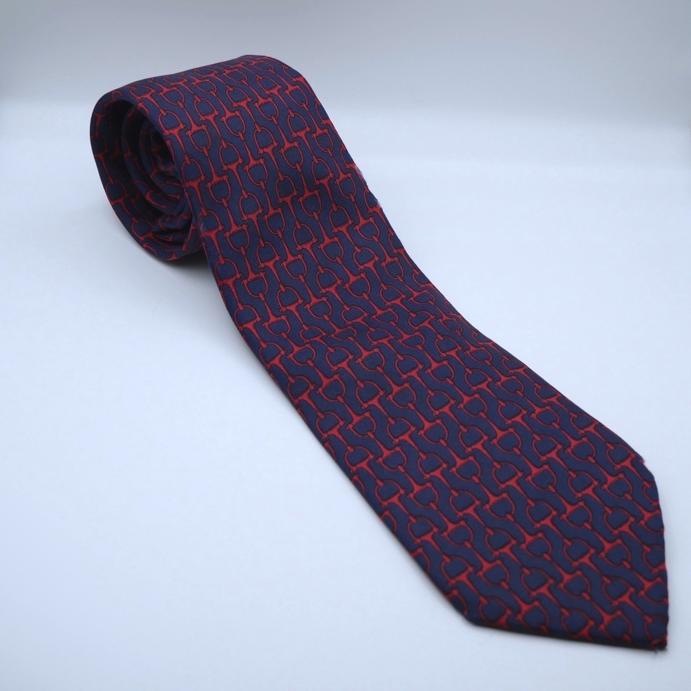 Hermes Paris Silk Tie Mens Navy Blue Red Equestrian Stirrup Bit Pattern